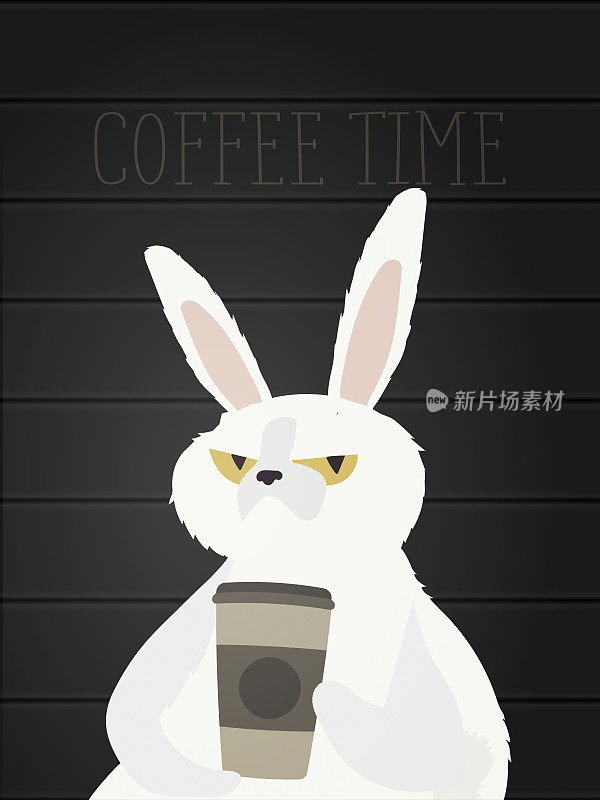 Funny rabbit with a serious look. A hare with a sleepy look and a paper cup of coffee in its paws.